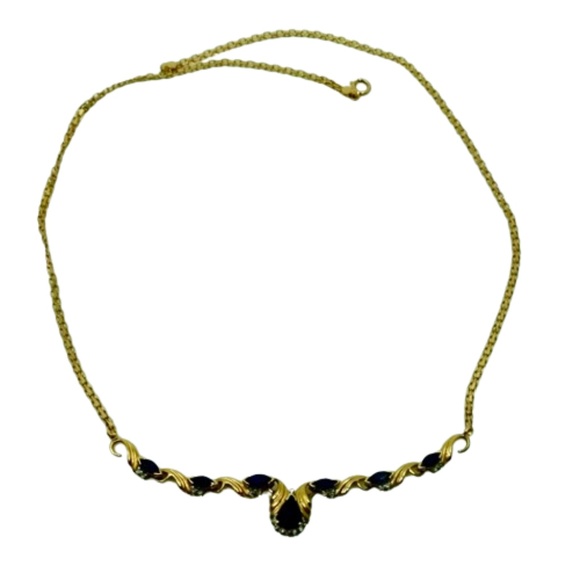 VINTAGE~BLUE SAPPHIRE & DIAMOND SOLID 14K YELLOW GOLD Ladies' Princess Necklace - Picture 5 of 5